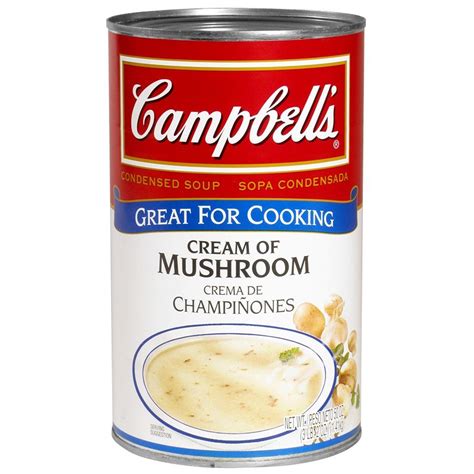 1 can (10 1/2 ounces) campbell's® condensed cream of mushroom soup or 98% fat free cream of mushroom soup or condensed unsalted cream of mushroom soup 1 cup water (for creamier rice, increase the water to 1 1/3 cups) 3/4 cup uncooked long grain white rice ; Campbell's Cream of Mushroom Soup Condensed 50 oz. Can