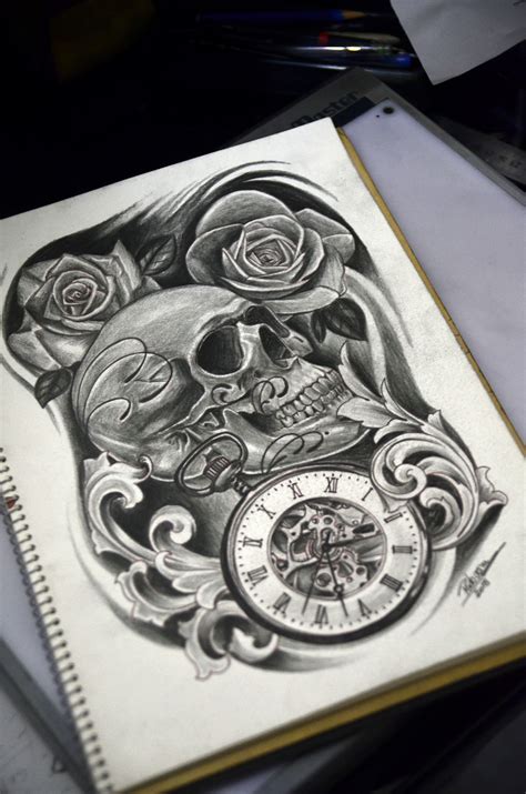 Skull Clock Roses And Leves Tattoo Sketch By Thiago Padovani