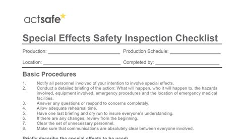 Special Effects Safety Inspection Checklist Actsafe Safety Association