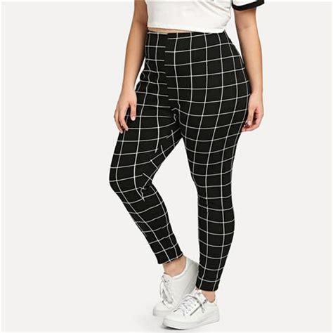 Shein Black And White Plaid Plus Size Fitness Women Leggings Casual