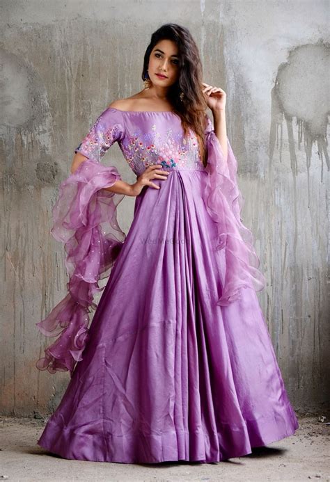 photo of pretty purple anarkali suit with ruffled dupatta