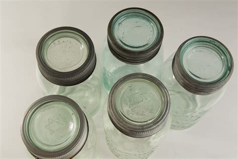 5 Vintage Crown Canning Mason Jars With Blue Glass And Zinc Lid Made