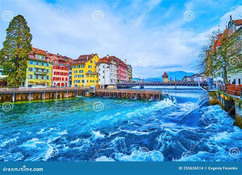 Stormy Waters Of Reuss River At Needle Dam In Lucerne Switzerland