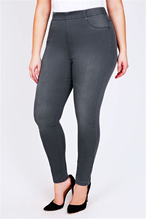 Grey Denim Jeggings With Faded Leg Detail Plus Size 14 To 28