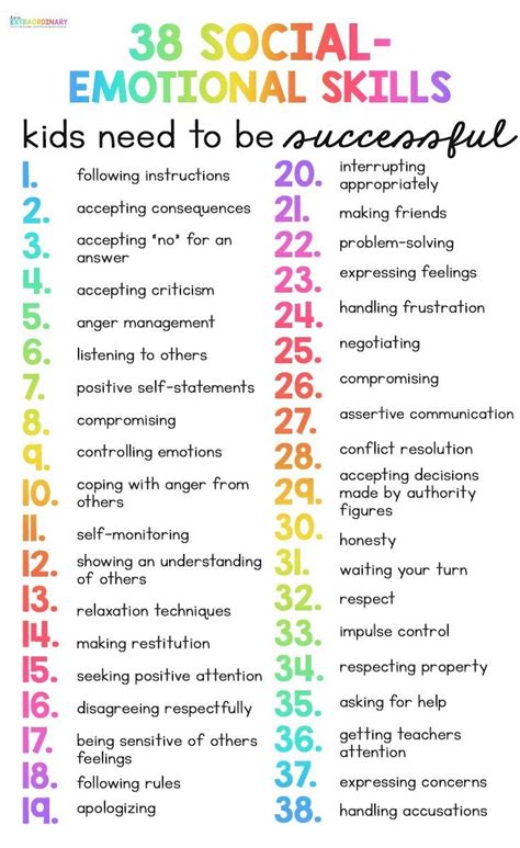 A Colorful Poster With The Words38 Social Emotional Skills Kids Need