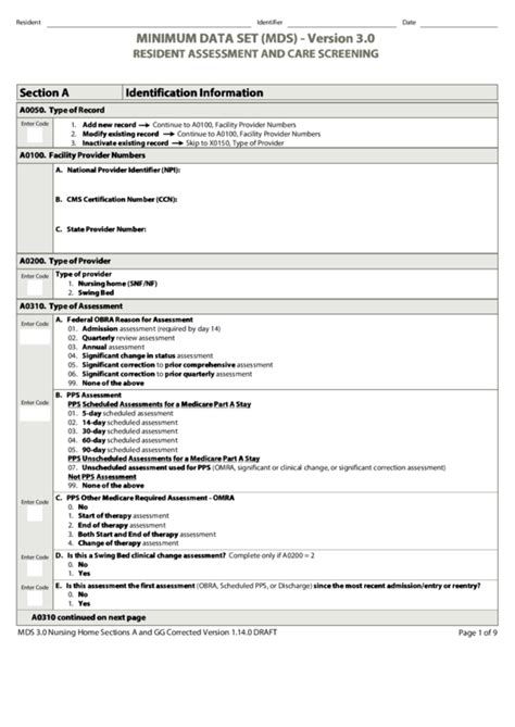 Fillable Minimum Data Set Mds Resident Assessment And Care