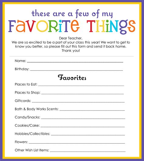 Favorite Things List Worksheet
