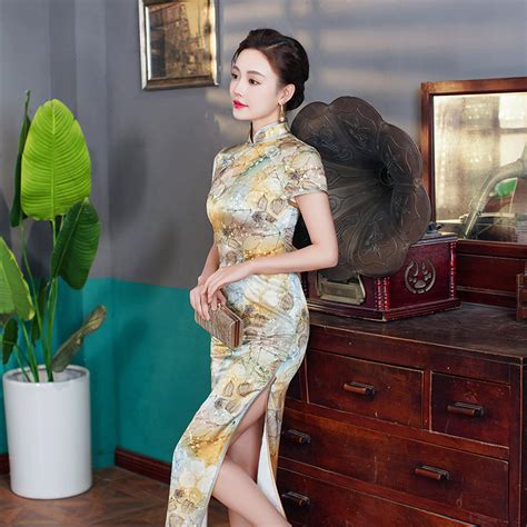 ヒップ デザインstlyeソリッドフローラルプリント中国の伝統的なドレスシルクサテンチャイナドレス buy qipao dress chinese style clothes