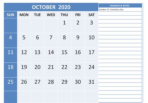 Free Printable October Holidays 2020 Calendar Template