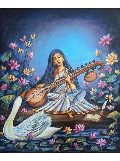 Goddess Saraswati The Divine Tranquility Acrylic Painting On Canvas