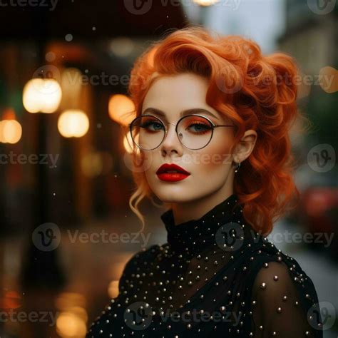 Beautiful Red Haired Woman With Glasses And Red Hair Posing In The Rain