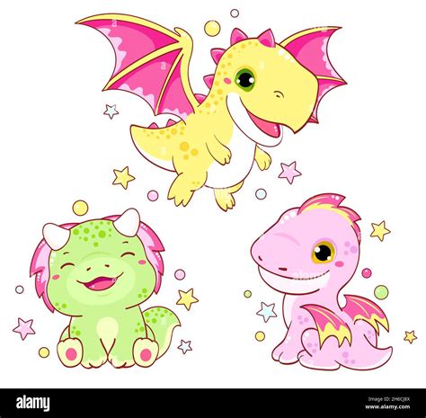 Set Of Kawaii Fairy Tale Characters Little Dragons In Various Poses