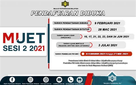 Perhatian buat calon ujian muet (malaysian university english test) sesi 1, 2 dan 3 2021 yang telah membuat pendaftaran peperiksaan. Pendaftaran MUET Sesi 2 Tahun 2021 Dibuka Bermula 9 ...