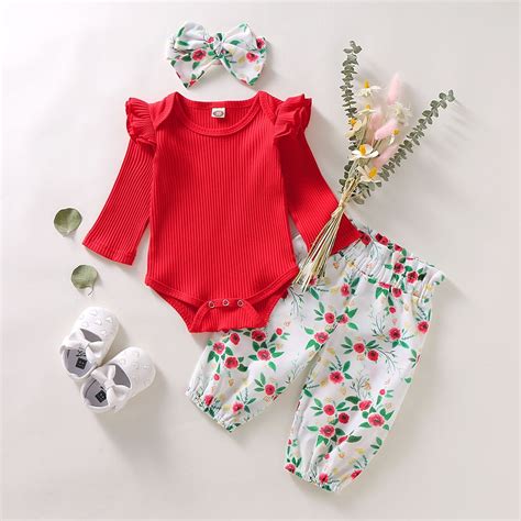 Canis Autumn Newborn Baby Girl Pure Cotton Clothes Set 3pcs Red