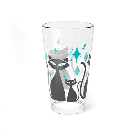 Retro Atomic Cat Drinking Glass Inspired By Mcm Mid Century Modern Vintage Glassware Turquoise