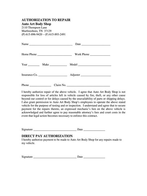 Authorization To Repair Vehicle Form Fill Out And Sign Online Dochub