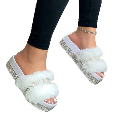Wodstyle Womens Rhinestone Faux Fur Slippers Platform Flat Shoes Flip Flops Sandals Walmart