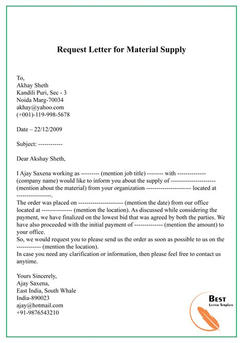 Request Letter Template For Materials Sample And Example