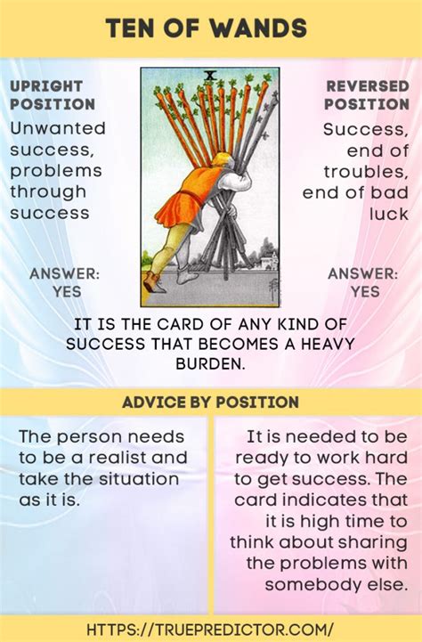 On the one hand, you have shared the load that was lying on you earlier with a partner. Ten of wands meanings in reversed and upright position