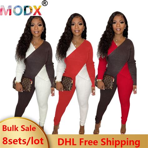 2 Two Piece Sets Women Skinny Outfits Sexy Ribbed Patchwork Long Sleeve Tracksuit Fall Female