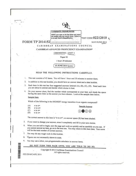 Cape Chemistry Unit 2 Paper 1 2014