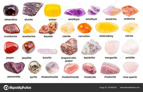 Collage Various Gemstones Names Bauxite Kunzite Piemontite