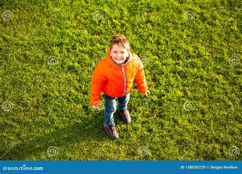 Happy Boy Standing On Green Grass Lawn In Spring Stock Image Image Of Little Game 138030729