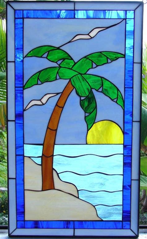 Palm Tree Sun And Seagulls Leaded Stained Glass Window Panel Etsy