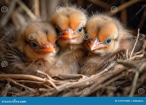Group Of Newborn Birds Snuggling Together In Their Nest Surrounded By
