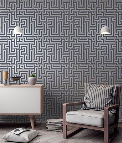 Holden Metallic Glistening Industrial Maze Geometric Wallpaper Navy