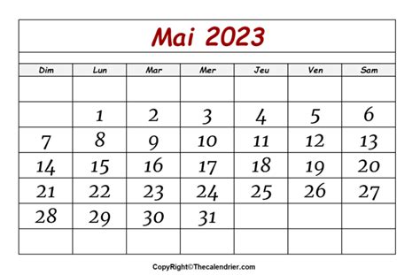 Calendrier Mai 2023 à Imprimable The Calendrier