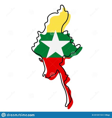 Stylized Outline Map Of Myanmar With National Flag Icon Flag Color Map