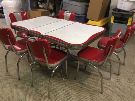 1 corner sectional seat 1 dining table 1 extension leaf 1 high top table 1 nook corner bench 2 armless chairs 2 barstools 2 stools 4 arm chairs 4 armless chairs 4 chairs 4 stools. vintage 1950s formica chrome kitchen table and chairs ...