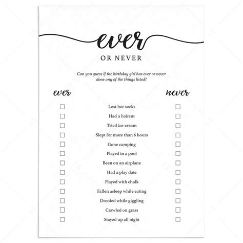Girl 1st Birthday Party Game For Adults Ever Or Never Printable 1st
