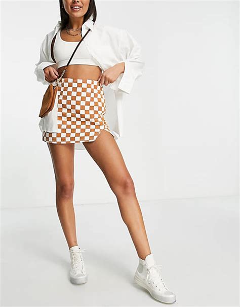 Glamorous Mini A Line Skirt In Checkerboard Denim With Thigh Split Asos