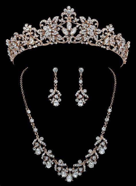 Rose Gold Rhinestone Scroll Wedding Tiara And Jewelry Set Rose Gold