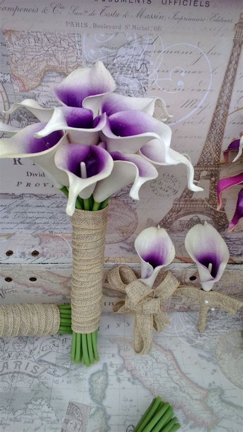 Real Touch White Purple Center Calla Lily Wedding Bouquet With Matching Boutonniere Set Lily
