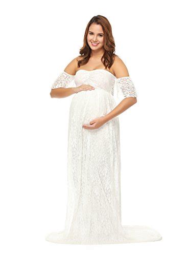 JustVH Maternity Off Shoulder Ruffle Sleeve Lace Wedding Gown Maxi