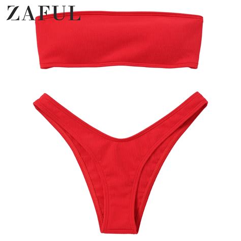 Zaful Women Ribbed High Cut Bandeau Bikini Set Swimwear Women Swimsuit