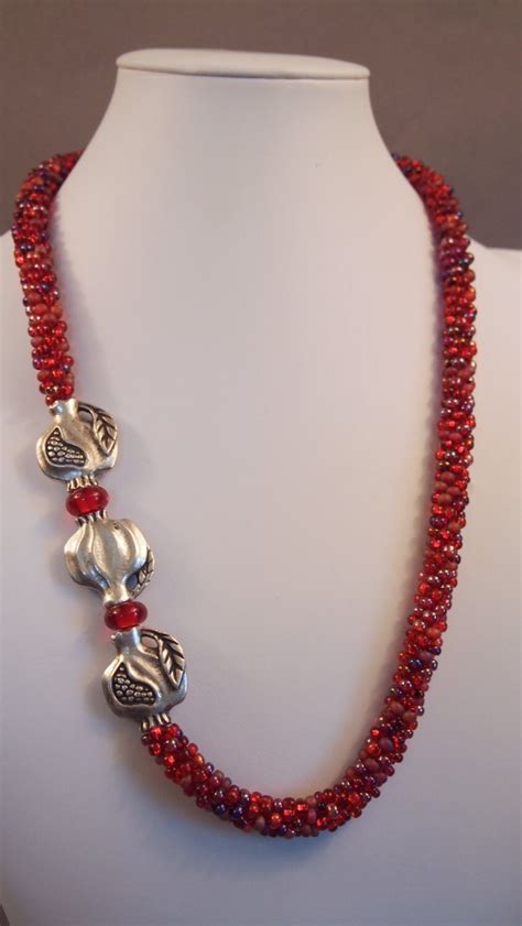 Pewter Pomegranate Necklace Red Czech Glass Beaded Necklace