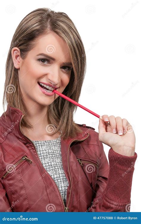 Woman Chewing Pencil Stock Photo Image Of Flirt Classroom 47757088