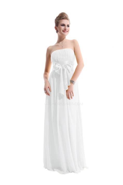 A Line Empire Strapless Long White Chiffon Bridesmaid Dresseswedding