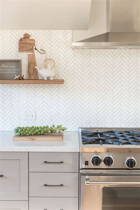 Marble Herringbone Backsplash // Kitchen floating shelves // Ni