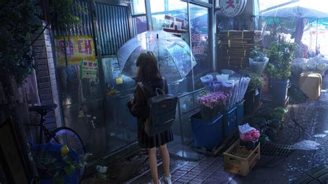 83187 Anime Girl Umbrella Raining Flower Shop 4k Wallpaper