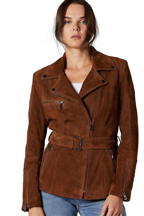 Buy Now Brown Zara Womens Suede Leather Belted Biker Coat