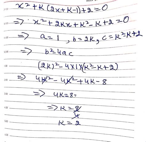 find the value of k for which the equation x2 k 2x k 1 2 0 has equal and real root