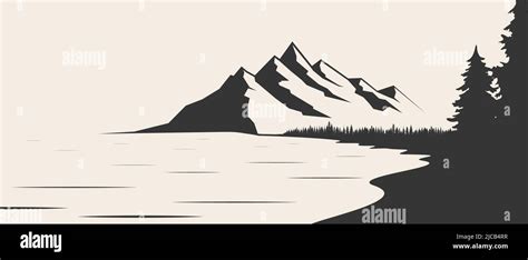 Mountain Lake Silhouette Graphic Art Black White Landscape Illustration