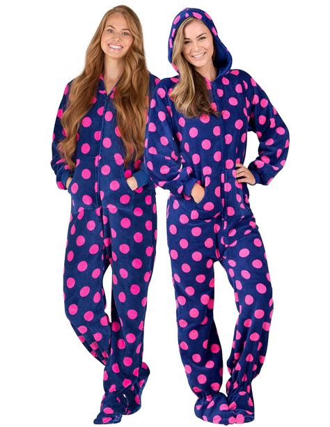 Footed Pajamas Navy Pink Polka Adult Hoodie Chenille One Piece Adult Double Xlwide Fits