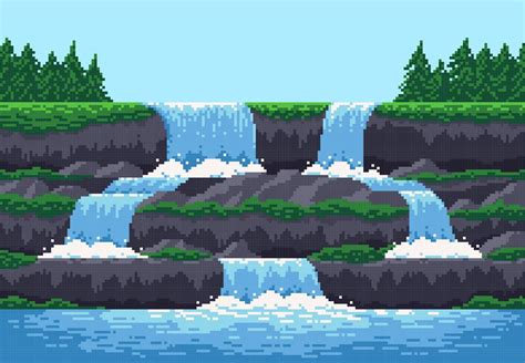 8 Bit Pixel Game Waterfall Cascade Level Landscape 12484398 Vector Art
