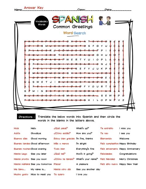 Spanish Greetings Vocabulary Word Search And Answer Key Made By Teachers